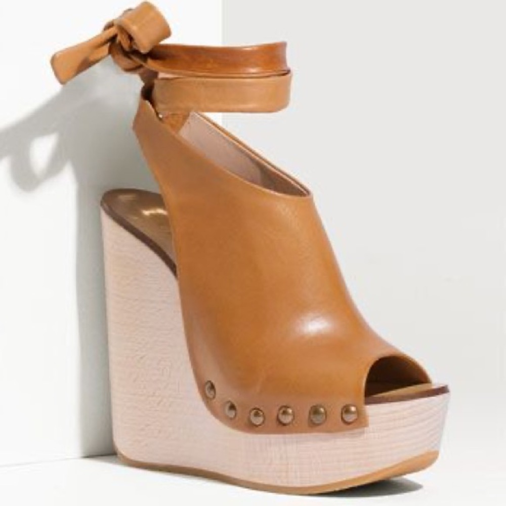 Chloe Tan Leather Platform Wedge Sandal with Ankle Tie